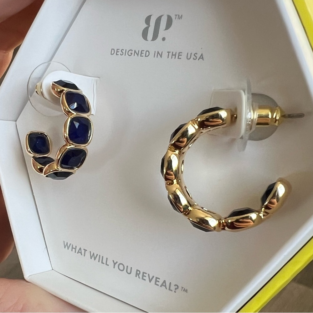 Gold Hoop Earrings with Navy Blue Accents